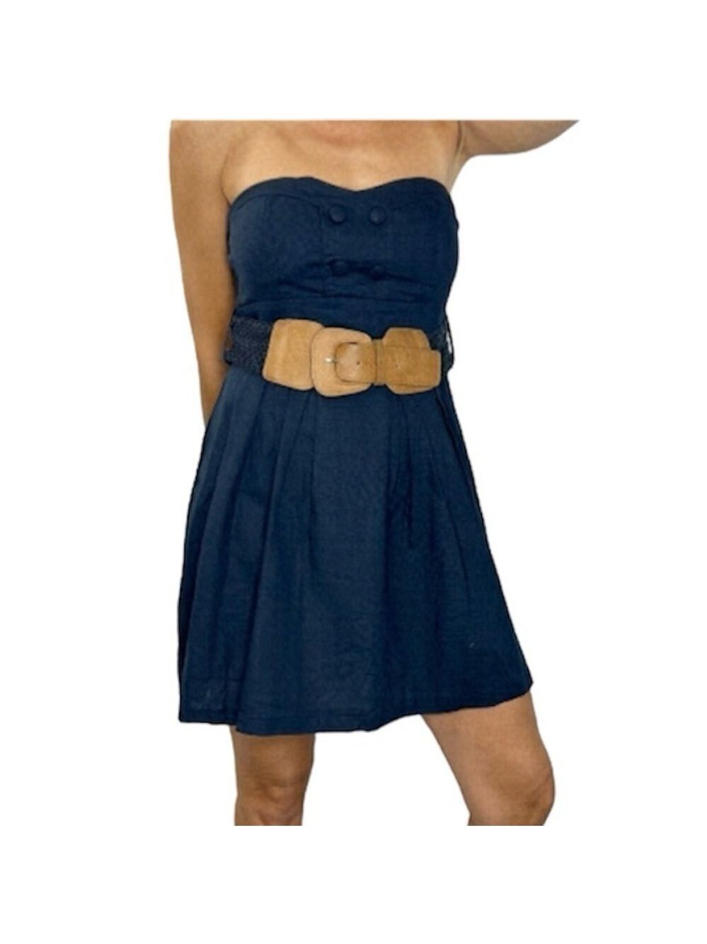 Simons navy blue linen blend belted strapless mini dress M